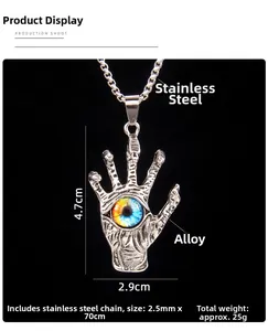Detail of Hamsa hand evil eye pendant showing dimensions 4.7cm x 2.9cm and steel chain