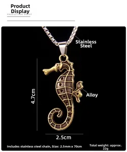 Detail view of vintage seahorse pendant dimensions with stainless steel chain measurements