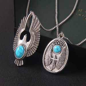 Collier Pendentif Aigle Vintage Homme Femme Chaîne Vénitienne Acier Inoxydable Incrustation Turquoise Hip Hop Bijoux