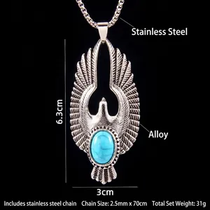 Collier aigle rétro en alliage d'argent avec turquoise verte et chaîne en acier inoxydable