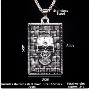 Detail of vintage skull rectangular pendant with dimensions 5cm by 3cm on stainless chain