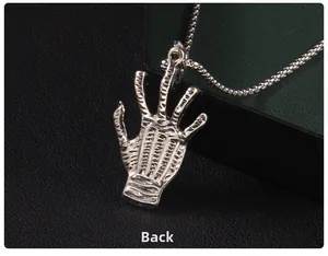 Macro view of the textured back side of a skeleton hand pendant with an evil eye detail