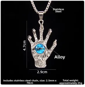 Detail view of Evil Eye palm pendant with blue glass eye and stainless steel chain