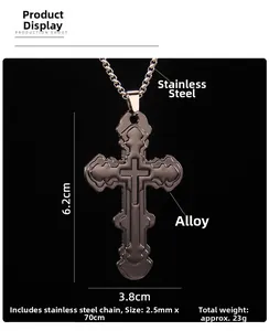 Detail of vintage gray alloy cross pendant with stainless steel chain dimensions shown