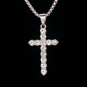 Hip Hop Cross Pendant Necklace For Men Women Stainless Steel Chain Alloy Rhinestone Inlaid Fashion Jewelry Silver Color