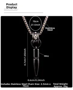 Detail of black bullet pendant necklace showing 4.7cm length and 70cm stainless steel chain