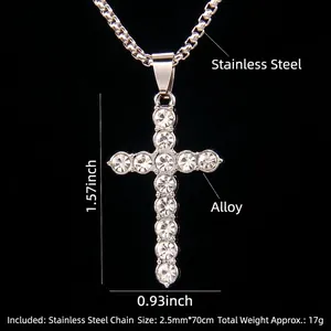 Hip hop silver cross pendant with crystals on 70cm stainless steel ball chain