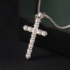 Hip hop silver cross necklace with pavé cubic zirconia on black leather box