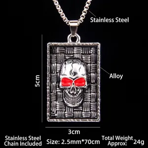 Vintage stainless steel skull necklace with red eyes on a square pendant and 70cm chain