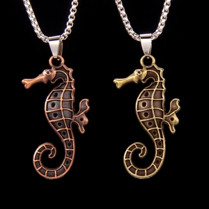 Vintage Stainless Steel Seahorse Pendant Necklace Retro Alloy Animal Sweater Chain Antique Bronze Copper Rhinestone Jewelry