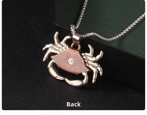 Detailed back view of vintage crab pendant with a central circular groove on bead chain