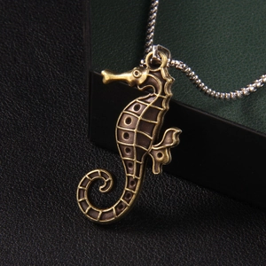 Retro stainless steel seahorse pendant necklace with vintage bronze finish on a long chain