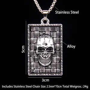 Silver vintage skull dog tag necklace in stainless steel for a bold gothic biker look