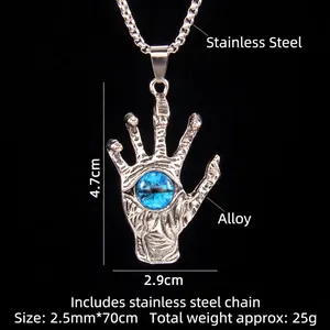 Gothic hamsa hand necklace with blue evil eye pendant on stainless steel chain link