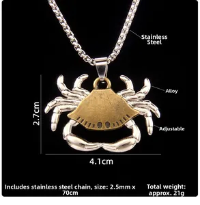 Detail view of movable crab pendant with stainless steel box chain and dimensions