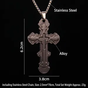 Men's stainless steel large black cross pendant necklace with box chain 70cm length