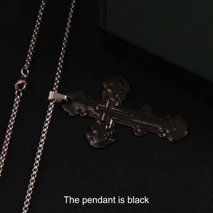 Men's minimalist black stainless steel cross pendant necklace on a silver square chain