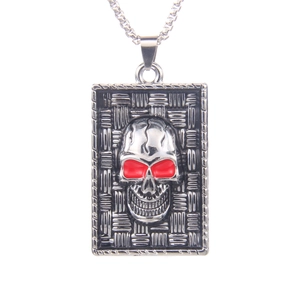 Gothic stainless steel skull necklace with red eyes on a rectangular pendant