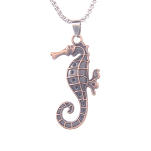 Vintage bronze seahorse pendant with textured details on stainless steel chain