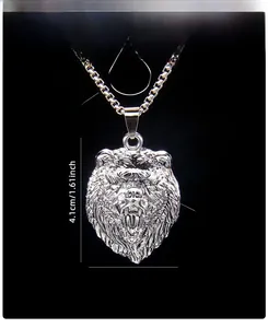 Détails du pendentif tête d'ours argenté avec chaîne en acier inoxydable de 70 cm