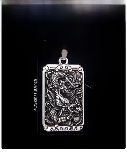Detailed view of silver dragon totem necklace with size and material specifications