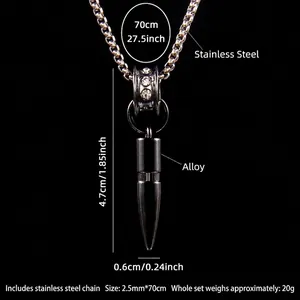 Polished black bullet pendant on 70cm stainless steel chain necklace for hip hop style