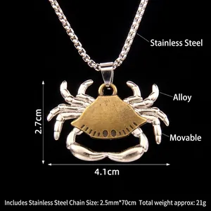 Retro punk stainless steel crab necklace with movable silver claws and bronze shell