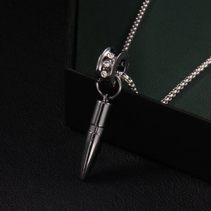 Hip-hop black bullet pendant necklace in stainless steel with crystal accents on ball chain