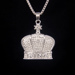 Hip Hop Crown KING Letter Pendant Necklace For Men Women Stainless Steel Box Chain Pave Rhinestone Fashion Trendy Jewelry