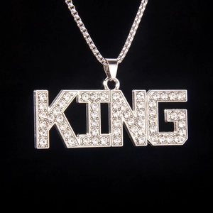 Hip Hop KING Letter Pendant Necklace Stainless Steel Chain Alloy Rhinestone Inlaid Iced Out Jewelry For Men Boys Gift