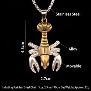 Collier homard vintage avec pinces mobiles et longue chaîne en acier inoxydable pour homme