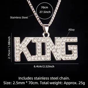 Hip hop silver KING letter pendant necklace with iced out crystals and steel chain