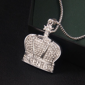 Hip hop style crown pendant necklace in silver with rhinestones and KING lettering