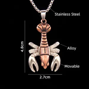 Collier pendentif homard rétro en acier inoxydable avec pinces mobiles pour hommes