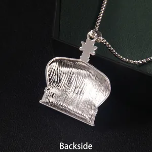 Hip hop silver crown pendant necklace with cross detail on back view and bead chain