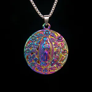 Stainless Steel Virgin Mary Pendant Necklace Rainbow Colorful Alloy Our Lady Of Guadalupe Religious Jewelry Unisex Retro Sweater Chain
