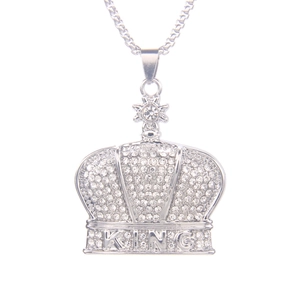 Hip hop silver crown pendant necklace with sparkling crystals and KING lettering for men