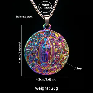 Rainbow Virgin Mary pendant necklace in stainless steel with floral relief details