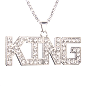 Hip hop silver stainless steel KING pendant necklace with iced out rhinestones and square chain