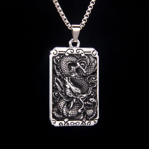 Vintage Chinese Dragon Totem Square Pendant Necklace For Men Women Stainless Steel Box Chain Alloy Embossed Jewelry Gift