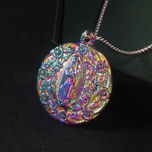 Rainbow stainless steel Virgin Mary pendant necklace with colorful religious relief