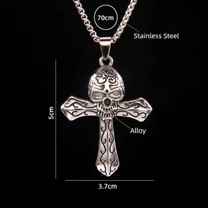 Collier pendentif croix de crâne gothique en acier argenté vintage avec longue chaîne