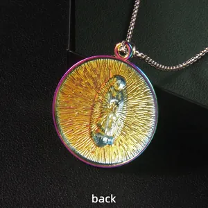 Rainbow Virgin Mary pendant necklace with colorful religious cross medallion in gold finish