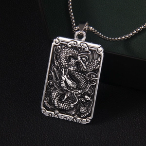 Vintage stainless steel square dragon pendant necklace with detailed relief carving