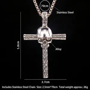 Pendentif croix tête de mort gothique avec chaîne en acier inoxydable pour homme style hip-hop