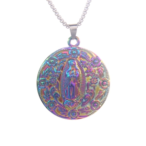 Rainbow Virgin Mary Guadalupe pendant necklace in colorful stainless steel finish