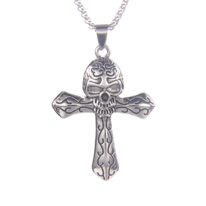 Collier pendentif croix crâne gothique en acier inoxydable vintage avec motifs floraux fins