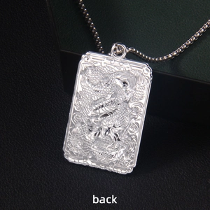 Silver stainless steel square dragon necklace with embossed totem on black leather
