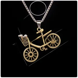 Detailed view of a vintage bicycle necklace pendant with dimensions and moving handlebars