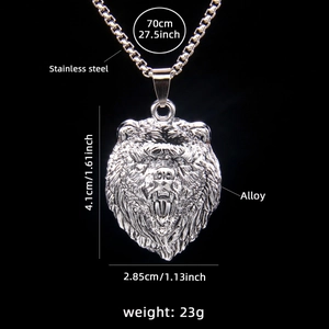 Pendentif tête de lion argenté sur une chaîne en acier inoxydable de 70 cm pour hommes
